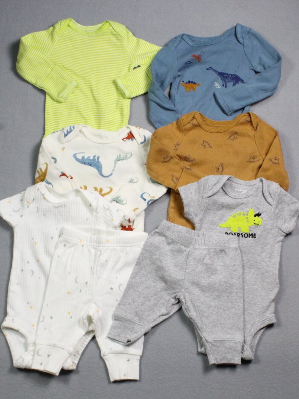 Newborn Baby Boy Clothes Lot 8pc Carter's Simple Joys Dinosaur Bodysuits Pants